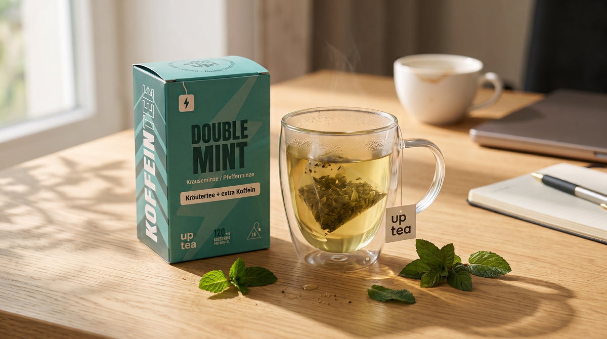 Koffeintee als Kaffee-Alternative: Glas uptea Double Mint mit Pyramidenbeutel auf dem Schreibtisch
