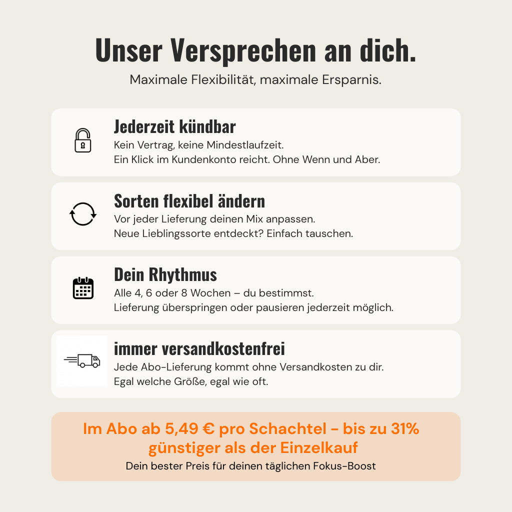 uptea Abo-Versprechen: jederzeit kündbar, Sorten flexibel ändern, eigener Lieferrhythmus, versandkostenfrei – ab 5,49 € pro Schachtel, bis zu 31% günstiger